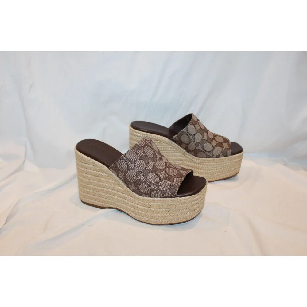COACH Women Suede Espadrille Platform Wedge Slide Sandals OAK MAPLE NEW 9